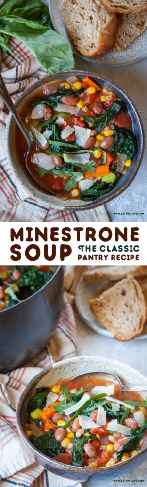 Minestrone Soup is the classic pantry recipe, using basic ingredients found in your fridge and kitchen pantry! Check out this easy to follow recipe, complete with notes on how to substitute and take your soup to the next level if you want! #soup #pantrycooking #minestrone #beans #legumes #pulses #frozenvegetables #vegetables #veggie #easy #fast #quick