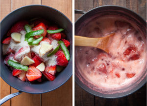 Cook fruit, ginger, sugar and water in a large pot.