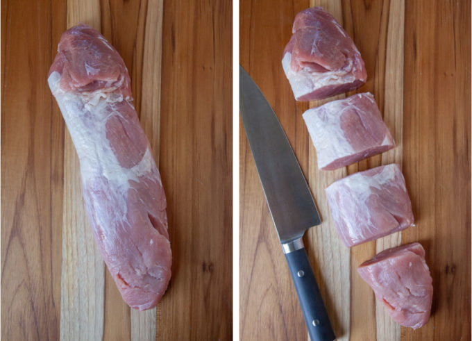 Cut the pork tenderloin into 4 pieces.