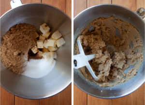 Cream the butter, sugars, vanilla, baking soda, salt, and nutmeg together until a paste forms.