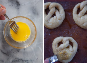Brush the boiled pretzels with the egg wash.