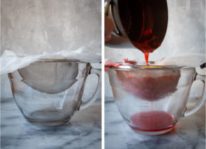 a sieve with a piece of cheesecloth laid in it, and a pot pouring the cooked fruit syrup through the sieve.