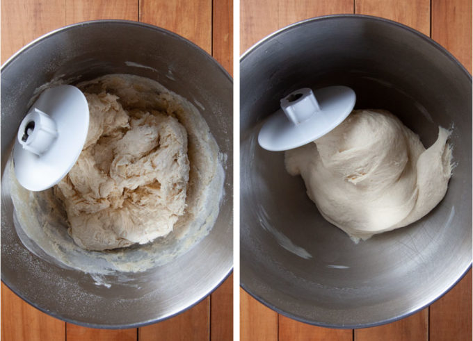 Sourdough pretzel dough in a mixing bowl, kneaded until elastic.