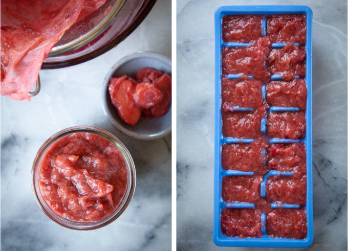 a jar of cooked fruit puree, and an ice cube tray filled with the fruit puree.