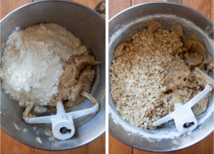 Add the flour, then the oats and mix until absorbed.