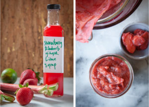 Fruit syrup in a bottle, and fruit puree in a jar.