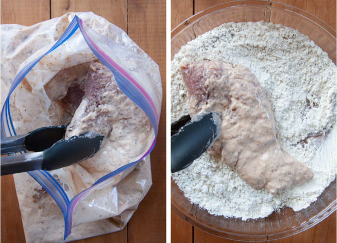 Remove the pork from the bag and coat with flour.