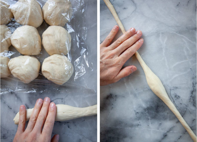 Rolling out the pretzel dough into a long rope.