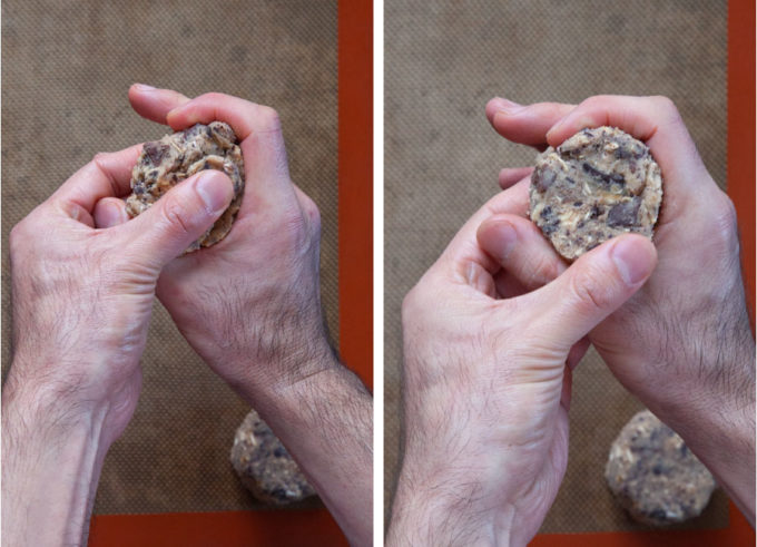 Using your hands to form thick round disks of dough.