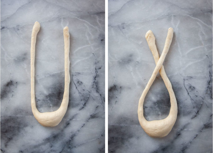 Make a U shape with the dough and then cross the legs over once.