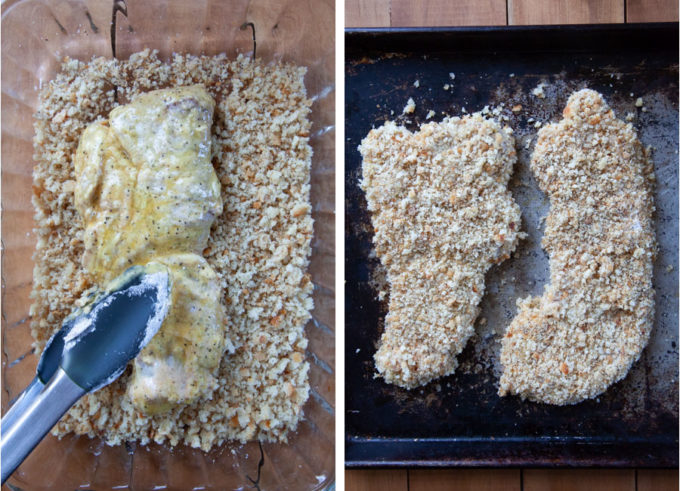 Breading a piece of flattened pork tenderloin in bread crumbs.