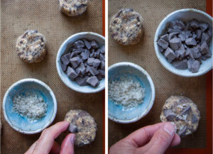 Press chocolate into the dough, then sprinkle salt over it.