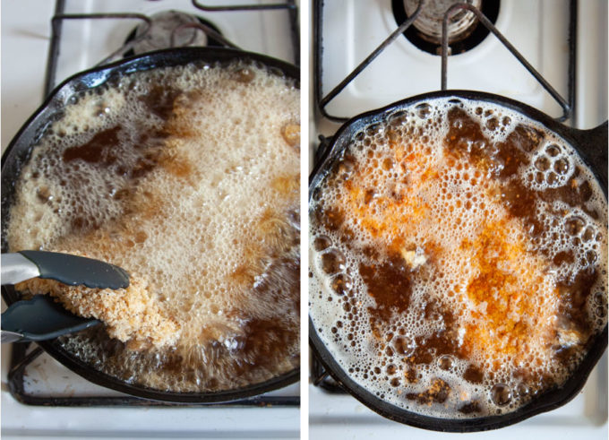 Frying the pork tenderloin on the stovetop in hot oil.