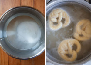 Bring the water with the baking soda in it to a boil and boil the pretzels in it.