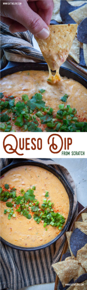 This homemade queso recipe is made from scratch with Cheddar and Colby Jack cheese, along with spices like garlic, onion and cumin to create the best queso! #queso #cheese #dip #mexican #fromscratch #recipe #texmex