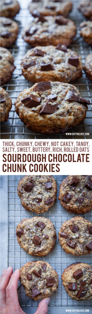 These sourdough chocolate chip cookies use sourdough discard to create a tangy sophisticated cookie that is NOT cakey but chewy, thick and rich. #sourdough #cookie #chocolate #chocolatechip #chocolatechunk #recipe