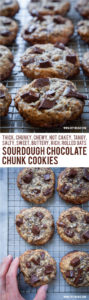 These sourdough chocolate chip cookies use sourdough discard to create a tangy sophisticated cookie that is NOT cakey but chewy, thick and rich. #sourdough #cookie #chocolate #chocolatechip #chocolatechunk #recipe