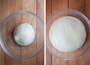 Dough in a greased bowl, rising until double in size.