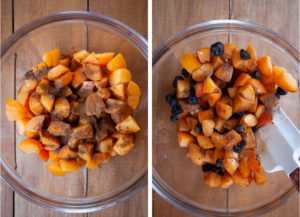 Combining the fresh apricots and dried blueberries filling together with filling ingredients.