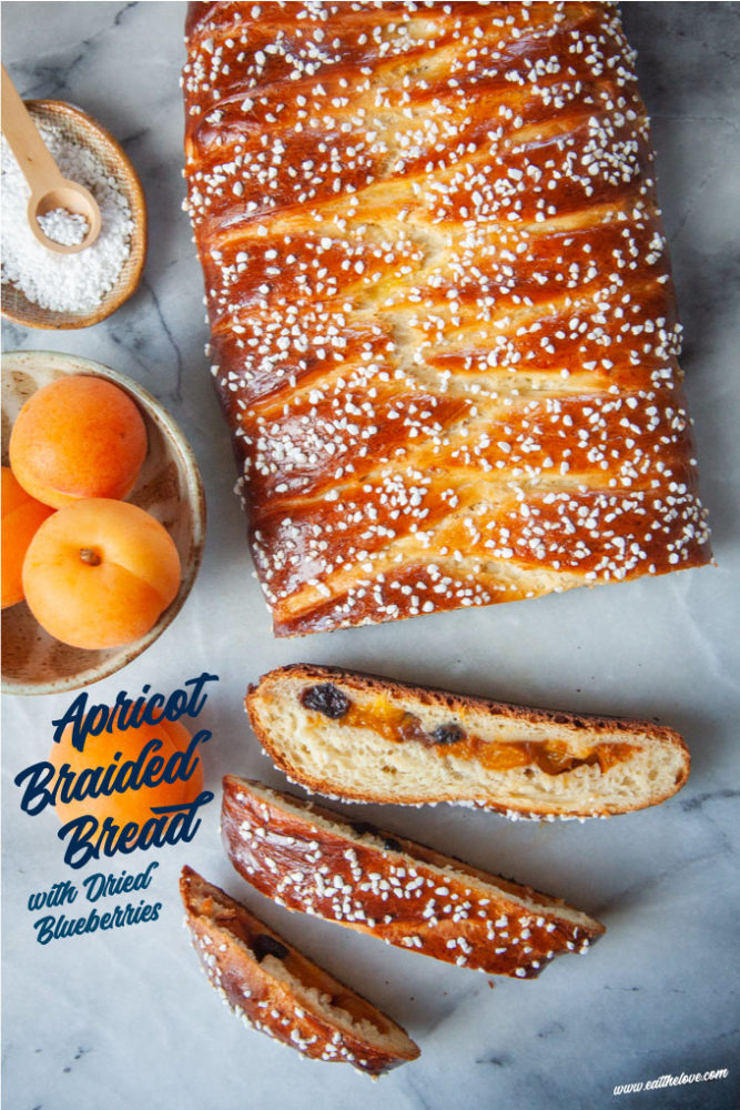 A loaf of braided apricot yeast bread with dried blueberries on a marble surface with a couple of apricots next to it. 