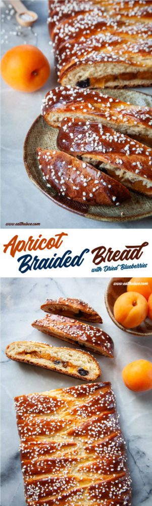 This tart and sweet braided apricot yeast bread is easier to make than it looks and uses fresh apricots and dried blueberries as a filling. It's the perfect snack and accompanying dish for afternoon tea or coffee! #bread #apricot #summerfruit #recipe #baking #yeast #sweetbread #brioche #summer #baking
