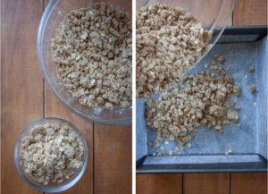 Let image is 1 cup of oat crust reserved in a bowl. Right image is the rest of the crust being added to the bowl