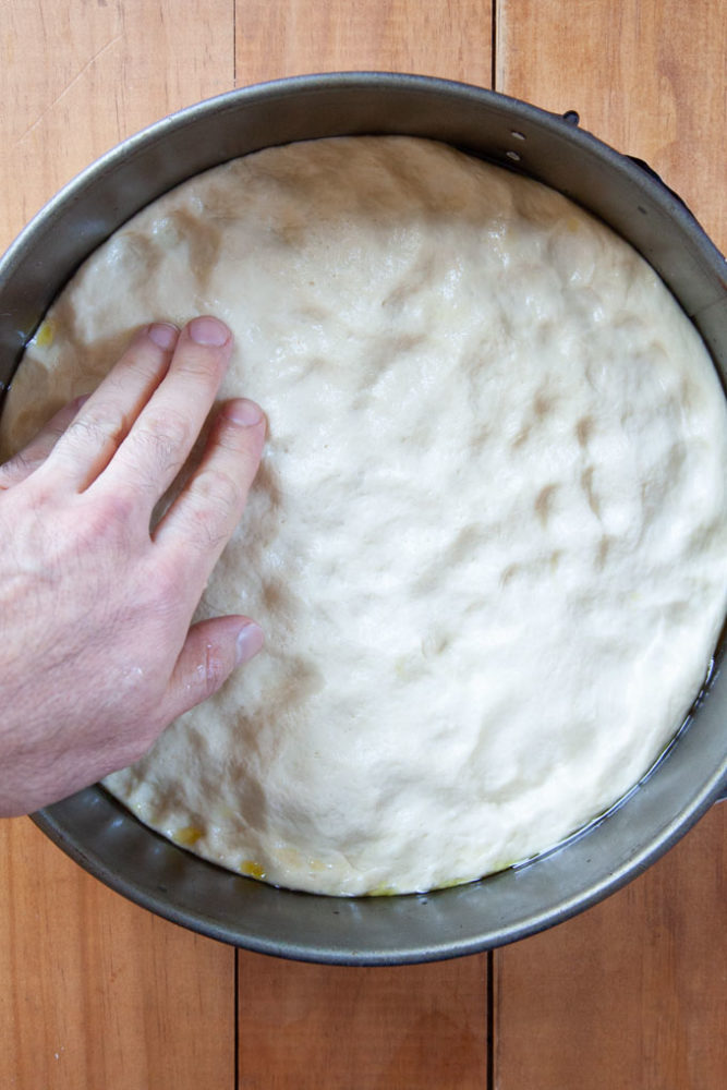 Pressing the focaccia dough into a springform pan.