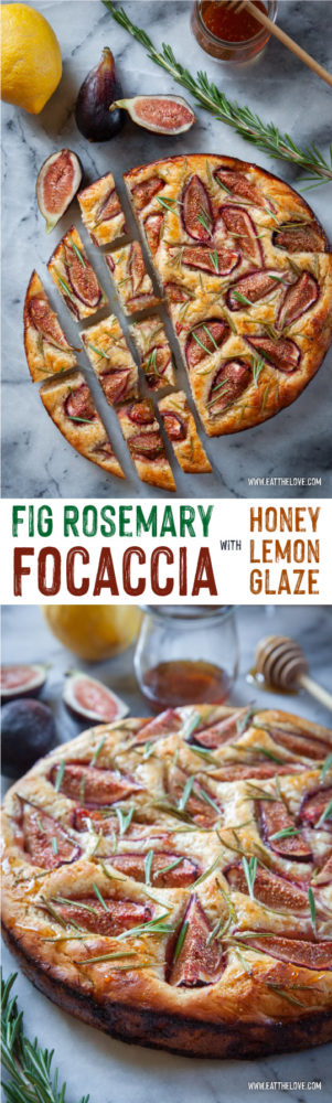 This fig rosemary focaccia is glazed with honey lemon and is the perfect savory sweet dish to end a meal! #focaccia #figs #dessert #bread #italian #rosemary #honey #lemon #potatobread