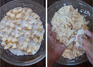 Left image is dry pie crust ingredients being mixed in a glass bowl. Right image is hands mixing and smashing butter into pieces.