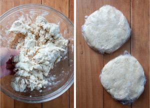 Left image ispie dough being made in a glass bowl. Right image is pie dough divided into two disks.