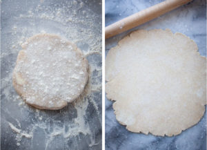 Left image is one disk of dough on a marble surface slightly rolled out. Right image is the dough rolled out into a 12-inch disk with a rolling pin next to it.