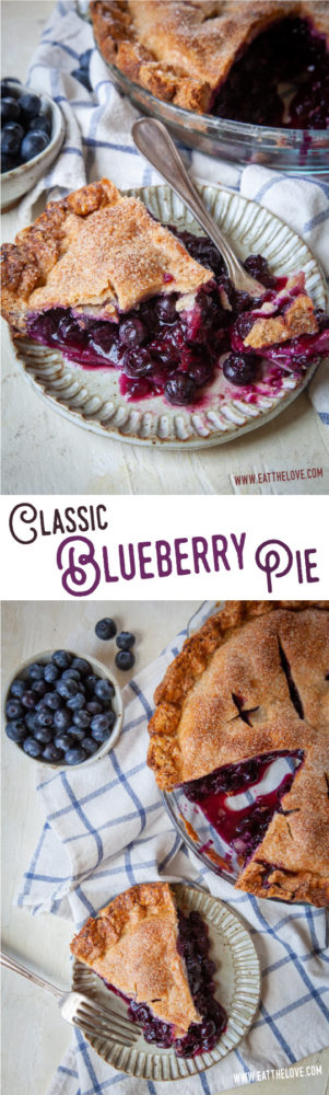 This classic blueberry pie is easy to make and uses fresh blueberries for the most vibrant juicy pie ever! #blueberries #pie #recipe #baking #piecrust #summer