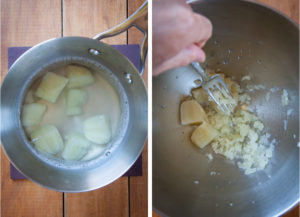 Boil the potato in water, then mash with a fork.