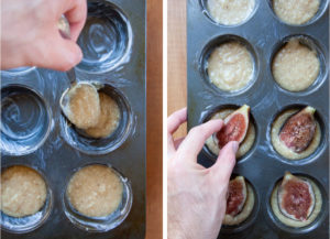 Spoon the batter into the prepared muffin tin, then nestle half a fig into each cup.