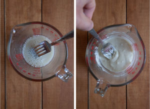 Left image is a fork stirring yeast into water. Right image is a fork stirring the flour into the pre-ferment dough.