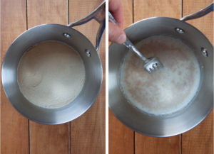 Left image is active dry yeast sprinkled over warm milk in a pan. Right image is a fork stirring the yeast into the milk to dissolve it.
