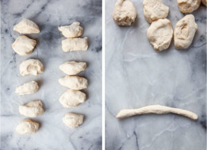 Left image is the pizza dough divided into 12 equal pieces. Right image is one of those pieces rolled into a 8-inch long rope.