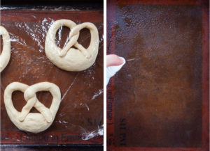 Left image is unbaked pretzels covered with plastic wrap. Right image is a silicon baking mat on a baking sheet being sprayed with cooking oil.