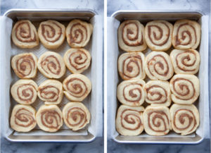 Left image is a pan with cinnamon roll disks in it. Right image is the same dough that has been left to rise and the dough is more puffy and expanded.