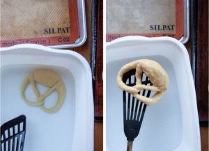 Left image is pretzel in a lye solution. Right image is a spatula lifting the pretzel out of the lye solution.