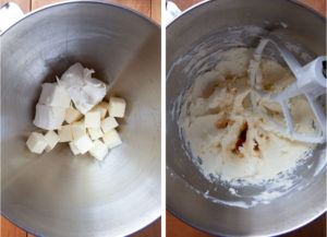 Left image is cubed butter and cubed cream cheese in a mixing bowl. Right image is the butter and cream cheese mixed together and salt and vanilla added to the bowl.
