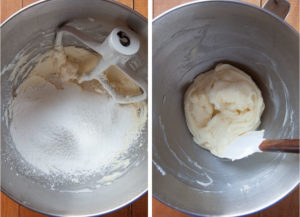 Left image is powdered sugar added to the mixing bowl with the mixed butter, cream cheese, vanilla and salt. Right image is the frosting mixed together.