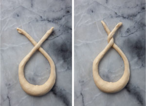 Left image is the pretzel dough with the arms crossed over once. Right image is the pretzel dough arms crossed and twisted twice.