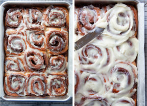 Left image is baked cinnamon rolls in a pan with a thin coating of frosting over it. Right image is more frosting being spread over the cinnamon rolls after they have cooled.