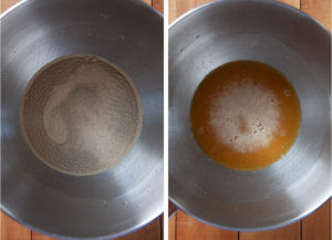 Left image is yeast sprinkled over water with barley malt syrup dissolved in it. Right image is some foam on top of the surface of the liquid, showing the yeast has been proofed.