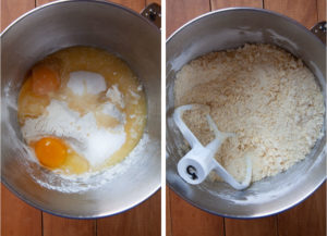 Left image is flour, butter, salt and eggs in a mixing bowl. Right image is the ingredients mixed together until they are sandy in texture.