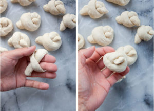Left image is a hand holding the dough rope wrapped around the fingers. Right image is a hand holding the dough tied into a knot.
