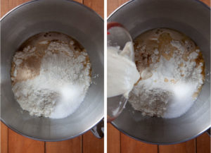 Left image is diastatic malt powder, water, barley malt syrup, yeast, flour and kosher salt in the bowl of a stand mixer. Right image is pre-ferment dough being added to the bowl with the dry ingredients.