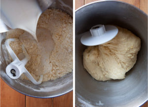 Left image is pouring yeasty warm milk into mixing bowl with cinnamon roll dough ingredients. Right image is dough kneaded.