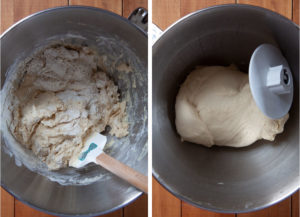 Left image is a spatula stirring ingredients into a shaggy dough. Right image is the dough after it has been kneaded and is smooth and elastic, wrapped around the dough hook of a stand mixer.